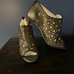 Beautiful pewter color embellished open toe heels